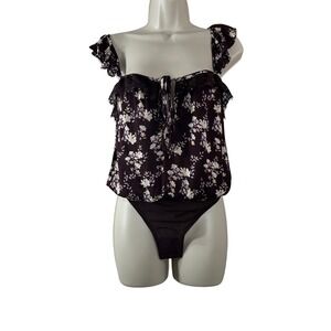 Free People Women's Top Merlot Floral Lace Flutter Cottagecore Bodysuit‎ Size M